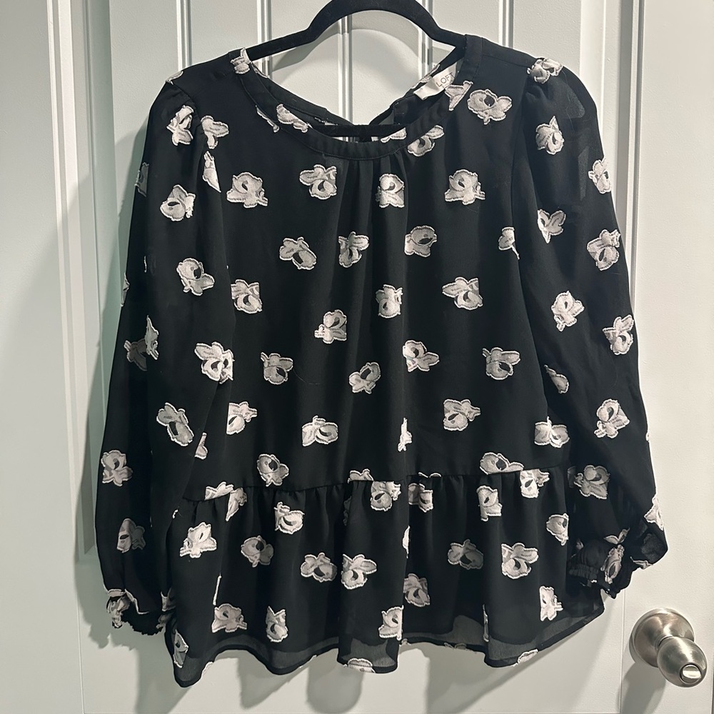LOFT Black Floral Peplum Blouse with White Print